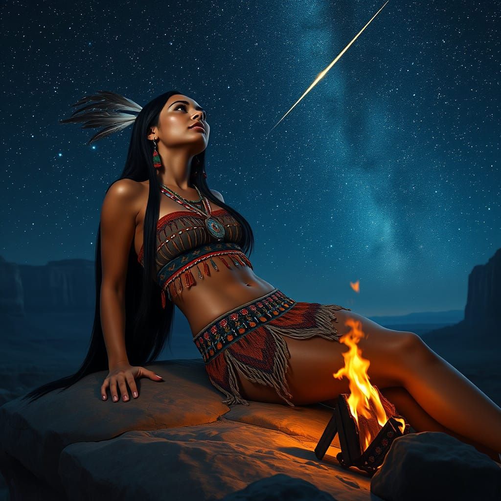 Native American Woman Under Starry Night Sky in Traditional...