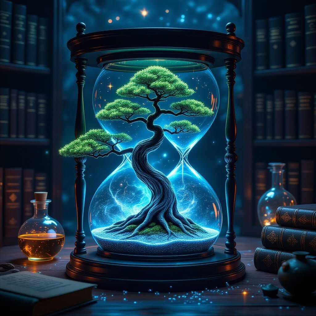 Bioluminescent Bonsai in Hourglass with Nebula Dust