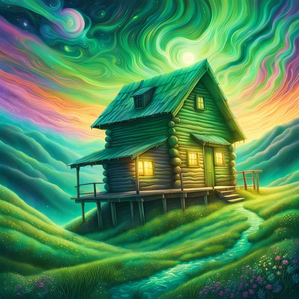 Cosmic Cabin on Green Hill in Mixed Media Style