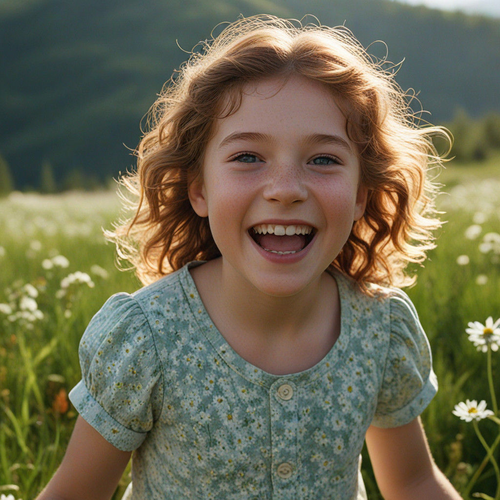 Beautiful Little Girl Clutches Wildflowers in a Cinematic Po...