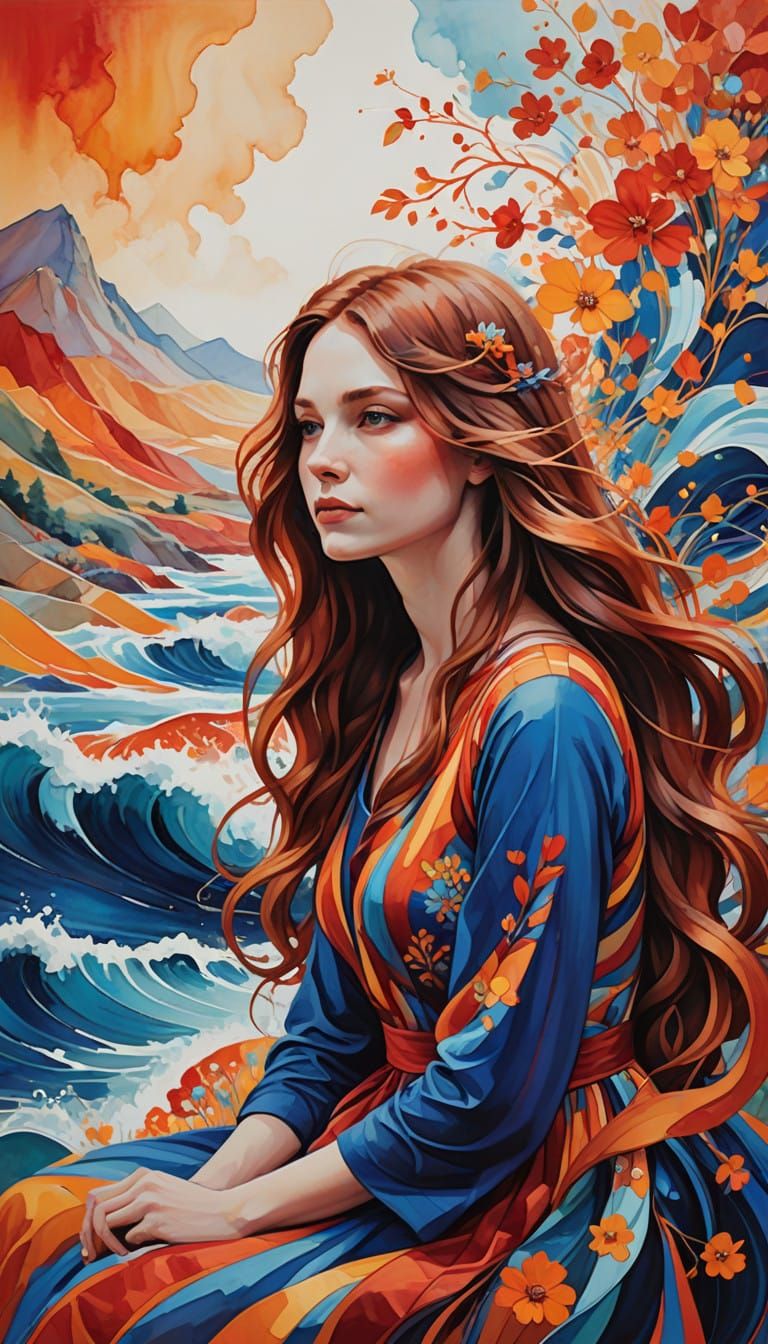 Young Girl in Vibrant Floral and Geometric Landscape
