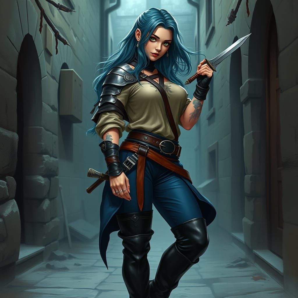 Medieval Female Rogue with Dagger in Fantasy Alley