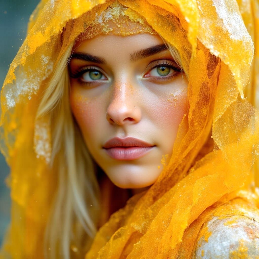 Beautiful Woman in Golden Veil, Detailed Portrait