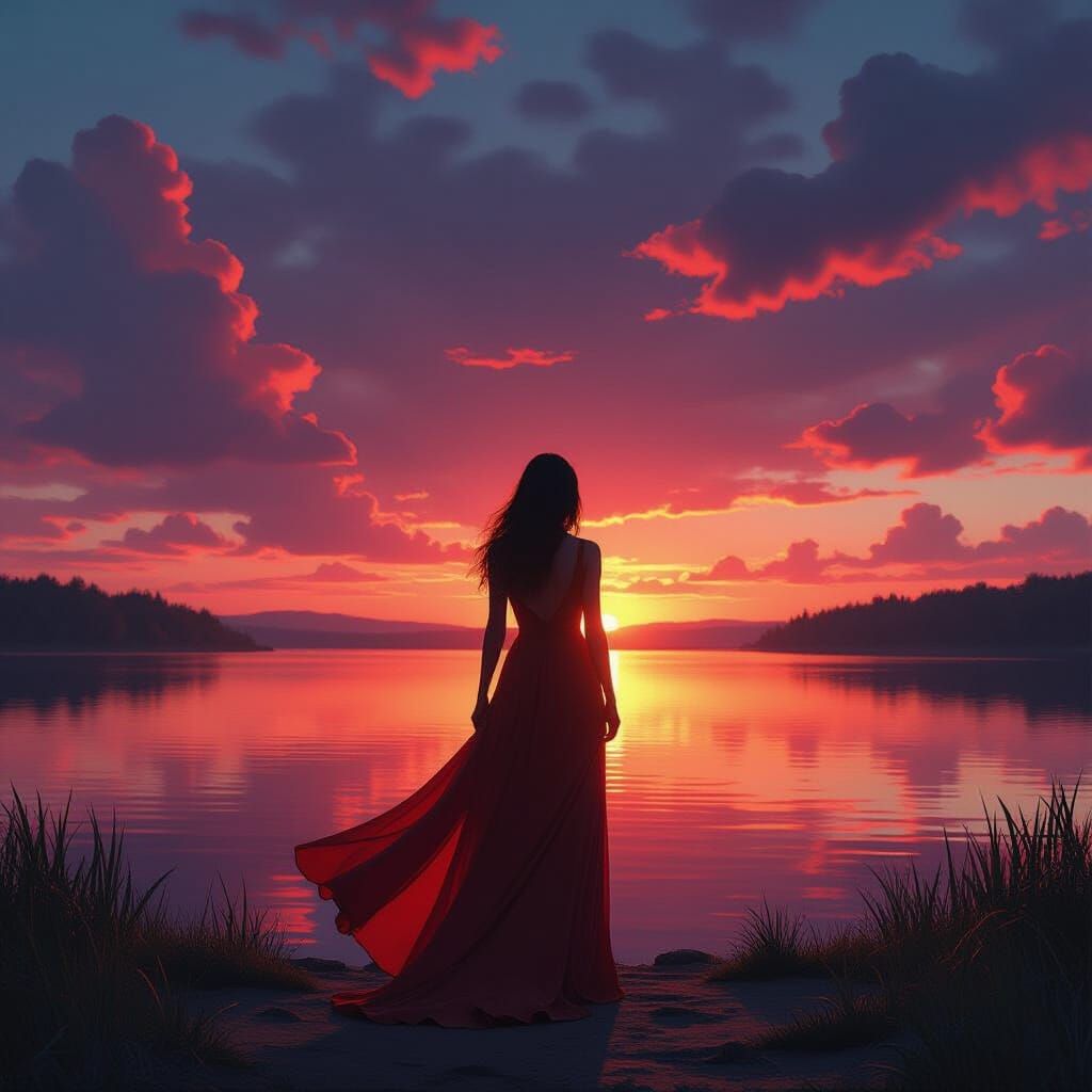 Woman's Silhouette at Sunset Lake in Flowing Dress