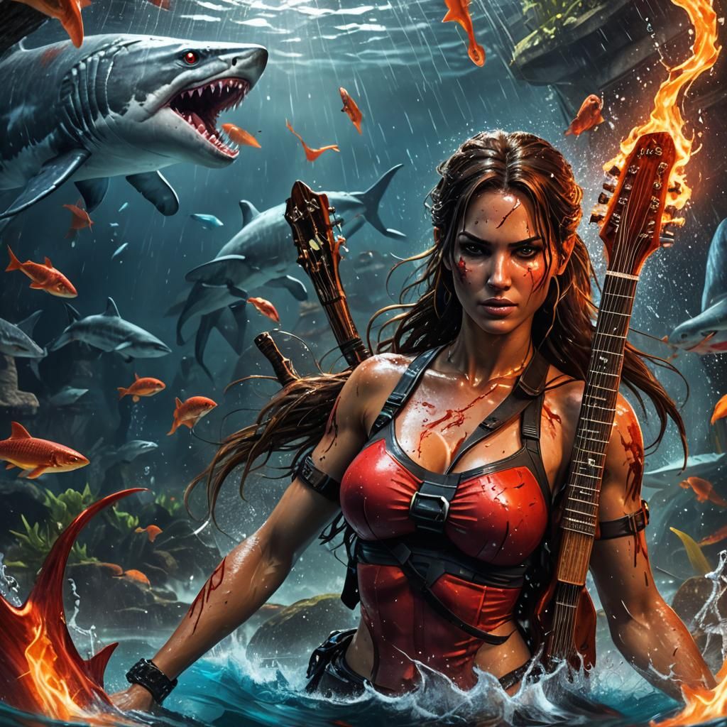 Hyperrealistic Lara Croft Plays Lightning Guitar Underwater