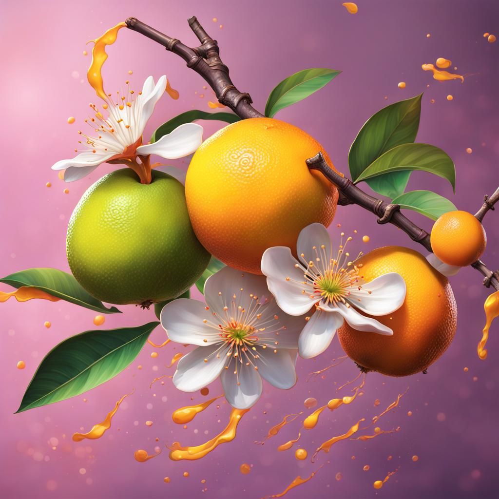 Hyperrealistic Yuzu and Plum Blossom Splash Art