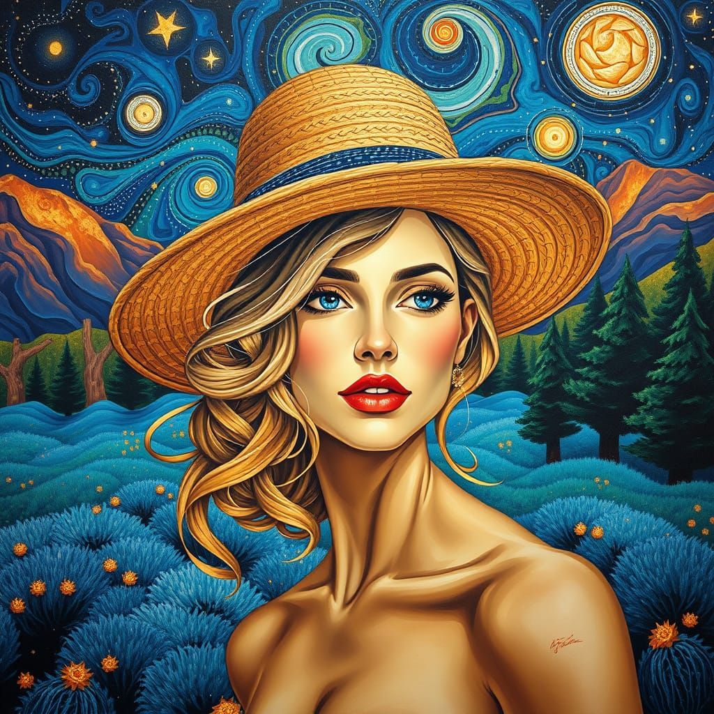 Golden Cubist Goddess Under Starry Night Sky