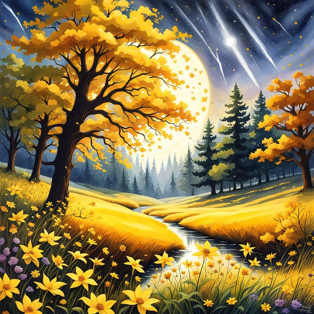 Gothic Autumn Meadow with Harvest Moon, Watercolor Painting