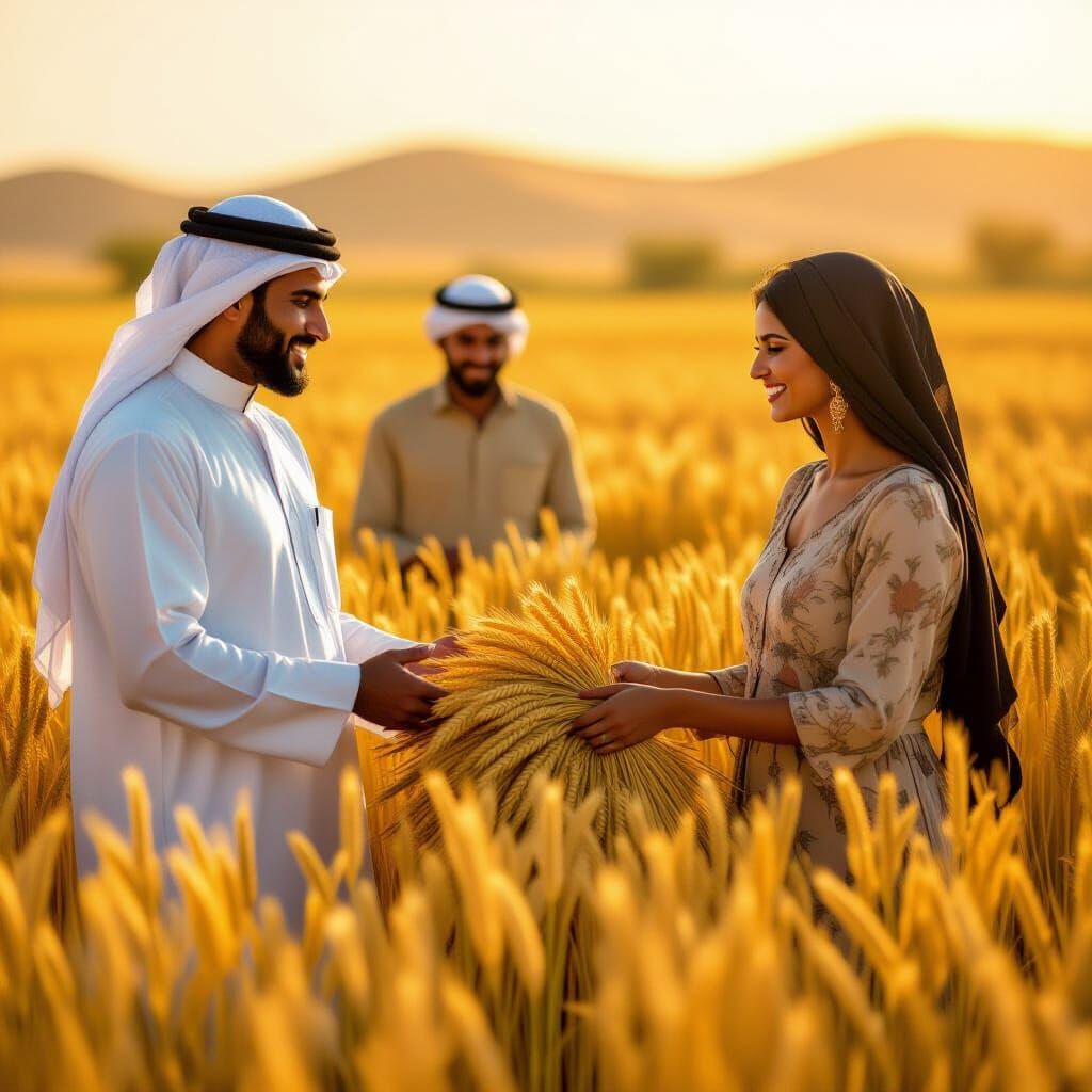 Wealthy Arab Man in Barley Field with Worker and Harvester