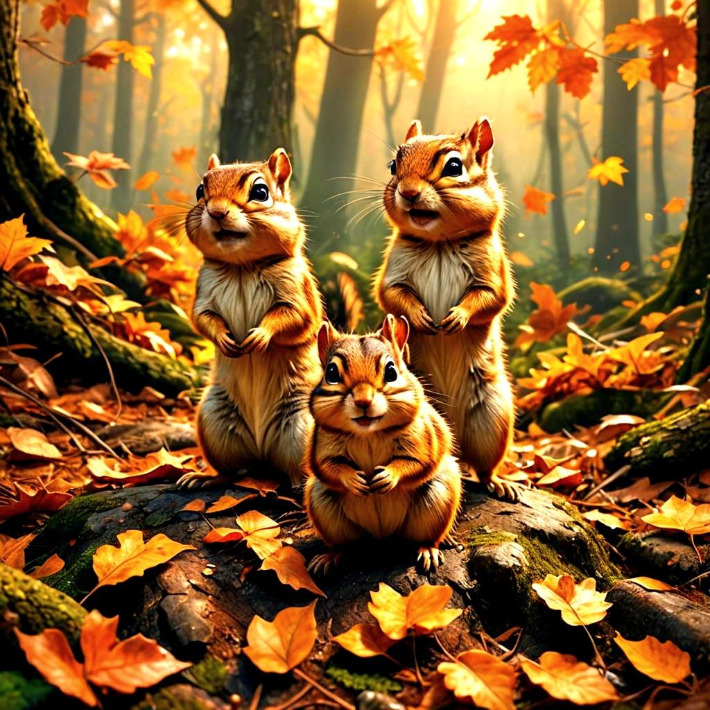 Happy Chipmunks Playing in Autumn Forest Wonderland
