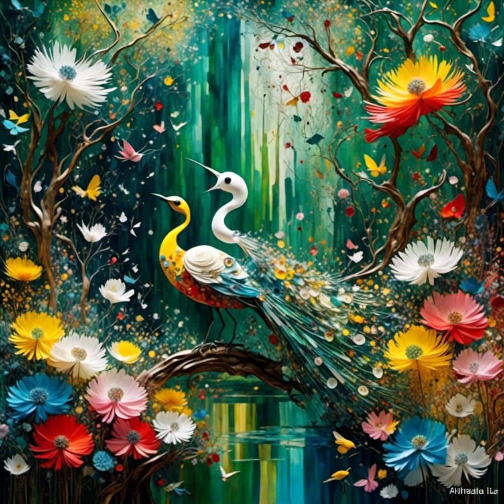 Abstract Forest Landscape with Colorful Birds
