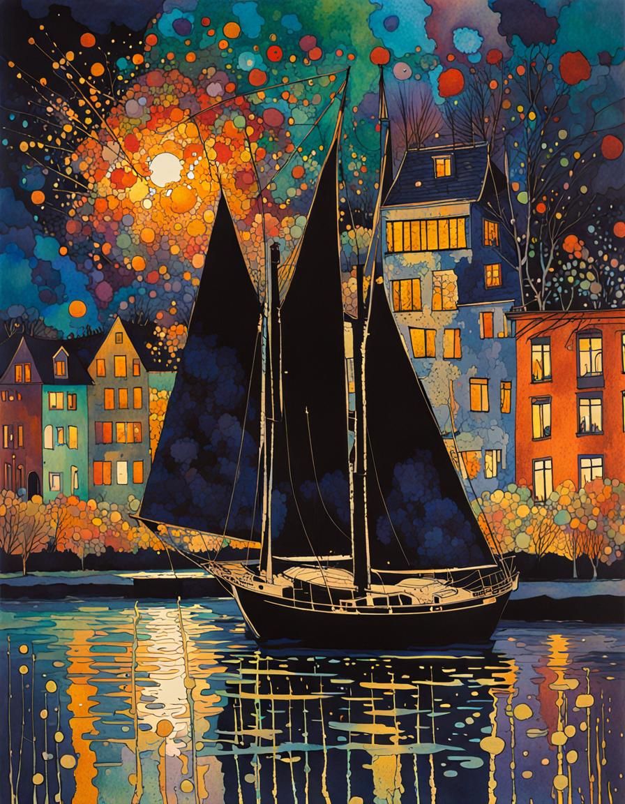 Sailboat at Night in Ink Splatter Art Style