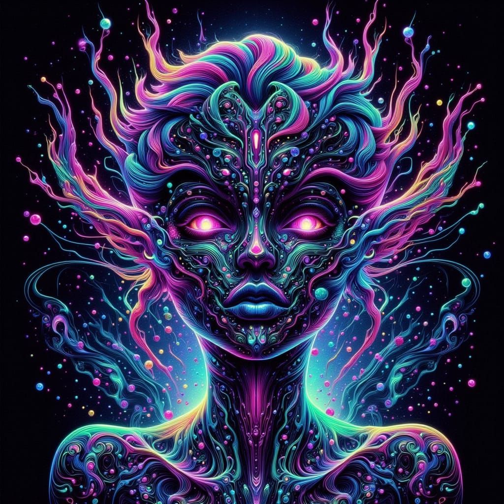 Alien Woman in Neon Circuitry Hair and Clothing