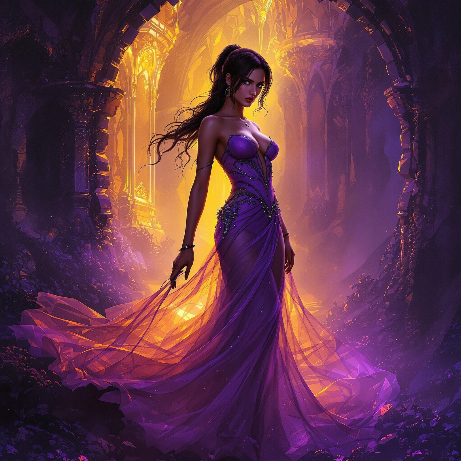 Lara Croft in Elegant Gown, Dark Fantasy Art