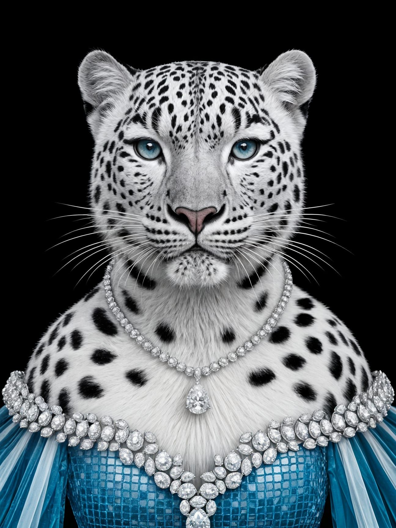Snow Leopard in Gown and Diamonds
