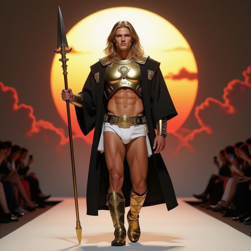 Roman Gladiator Kimono on Runway, Hyperrealistic Style