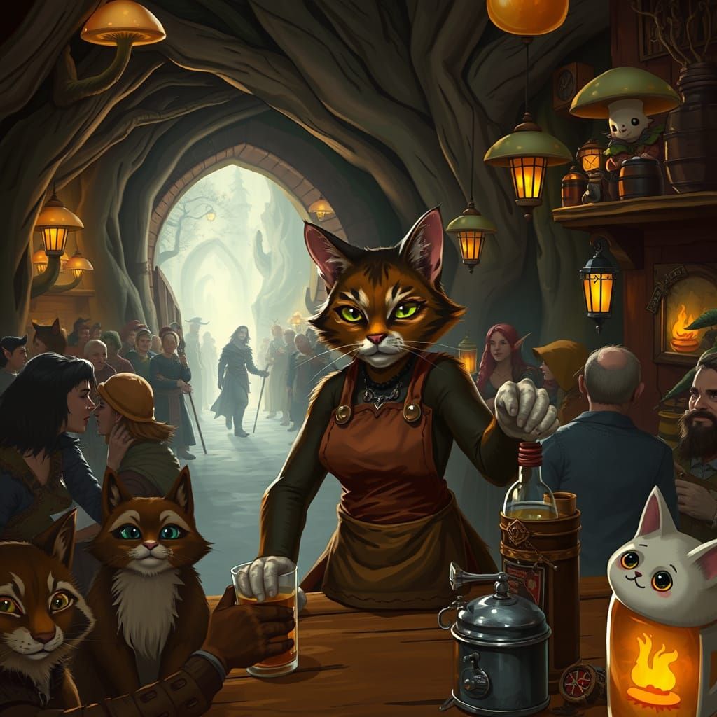Cat Bartender in Fantasy Tree Tavern