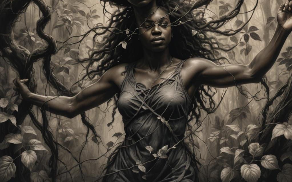 Black Girl with Nature Power Charcoal Drawing