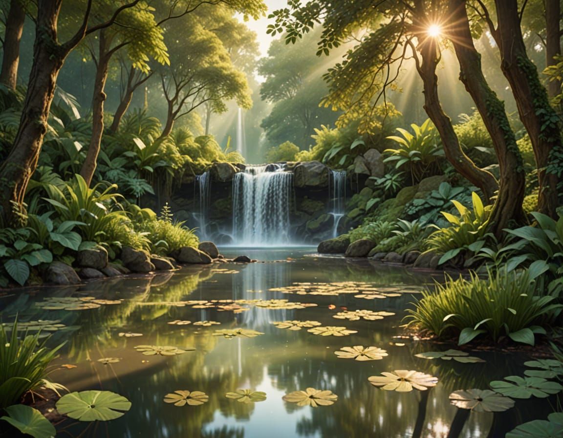 Whimsical Forest Glade with Cascading Waterfall and Serene P...