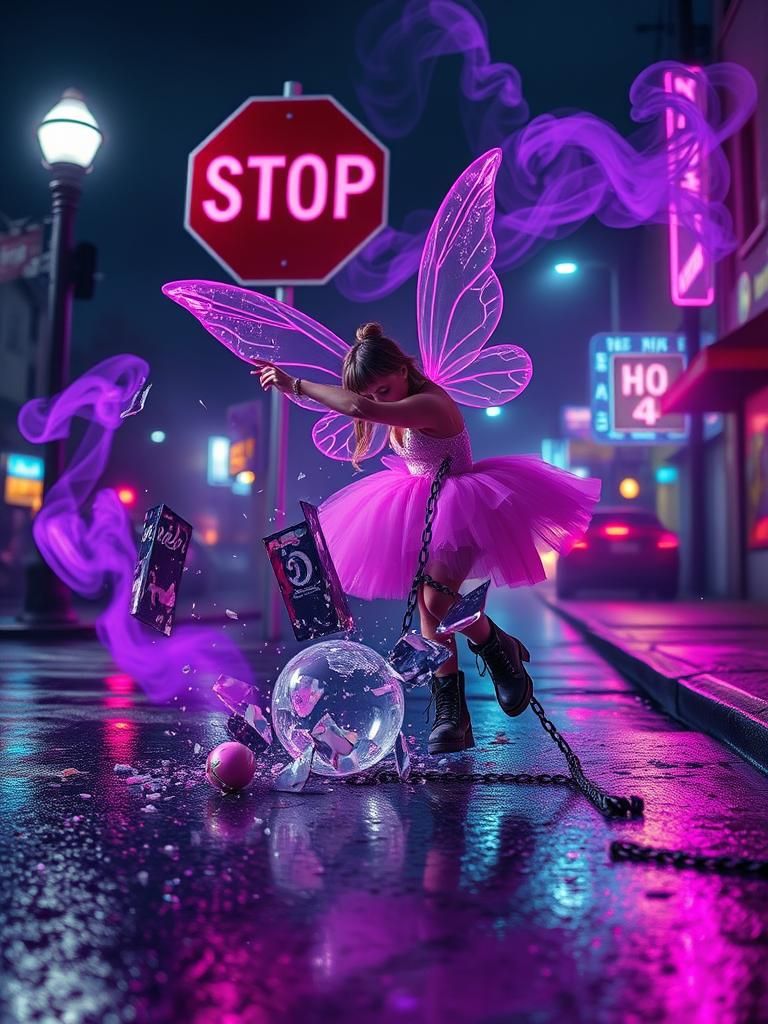 Fairy Smashes Globe in Smoky, Neon-Lit Cityscape