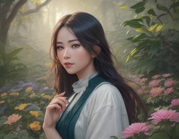 Animated Woman in Watery Botanical Oil Painting