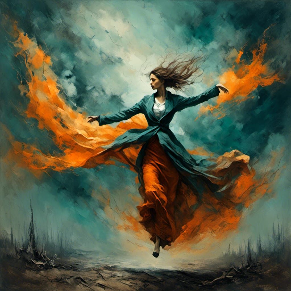 Woman Above Forest Fire in Eerie Surreal Style