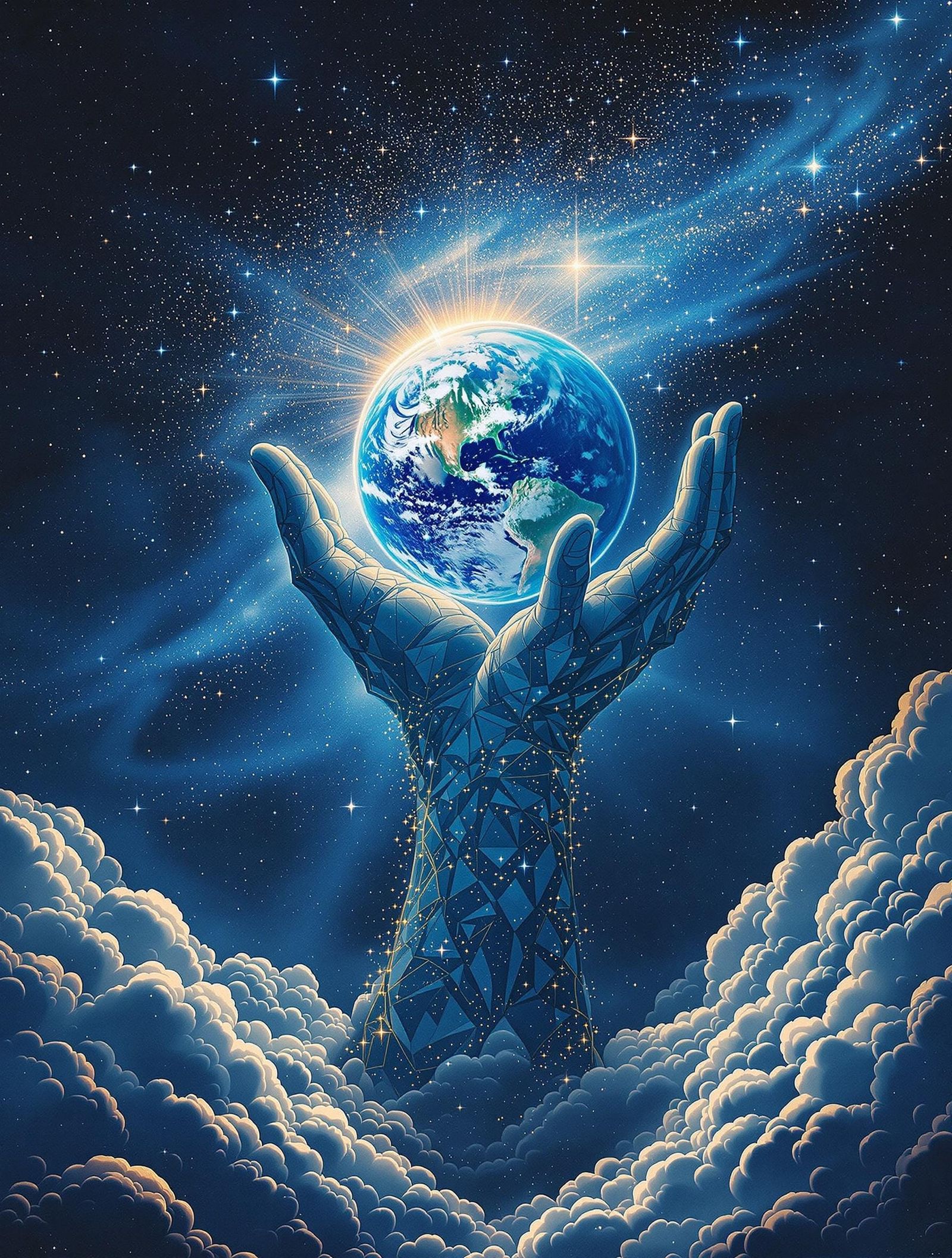 Divine Hand Cradles Earth in a Dreamlike Galaxy