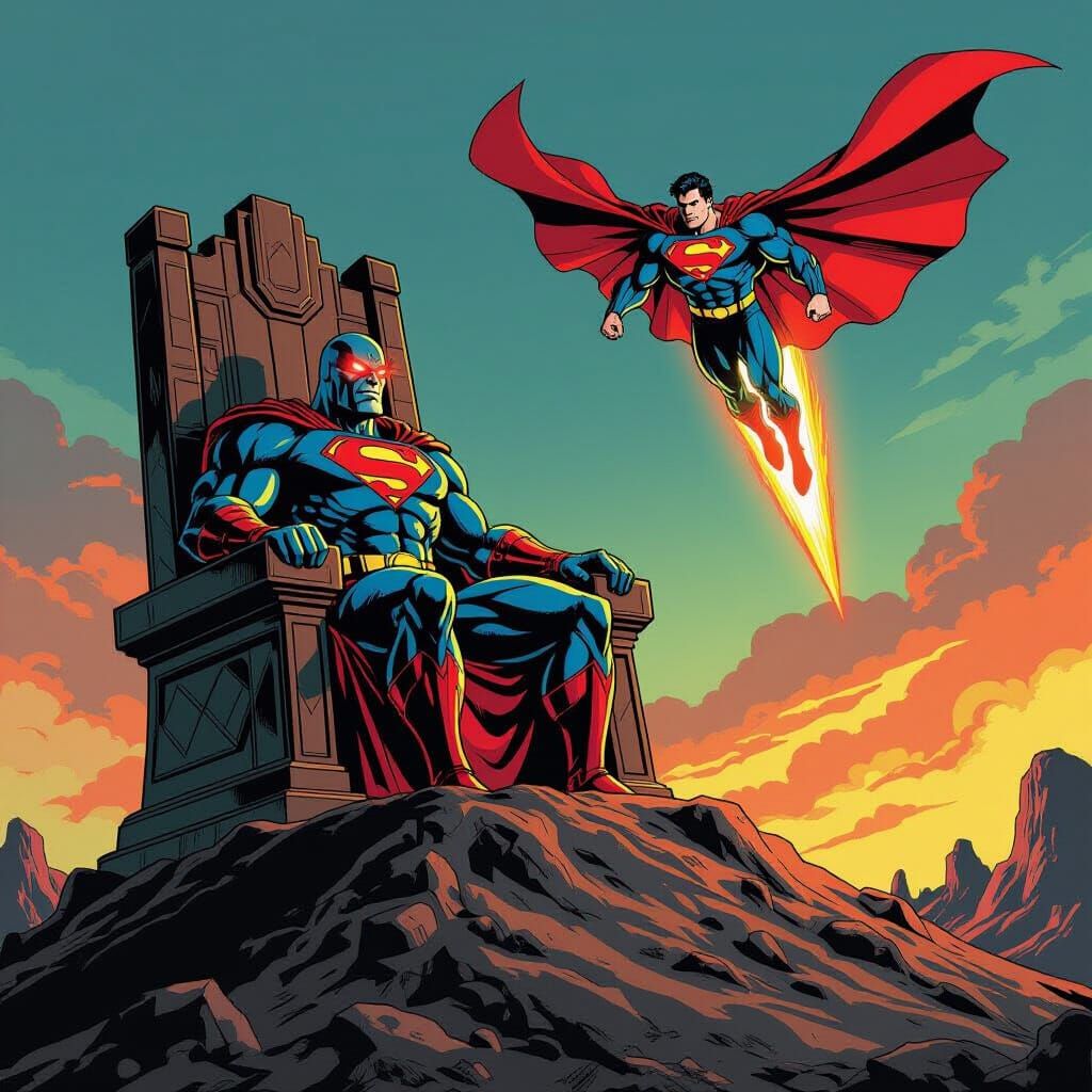 Darkseid Tyrant on Throne Confronts Flying Superman in Comic...