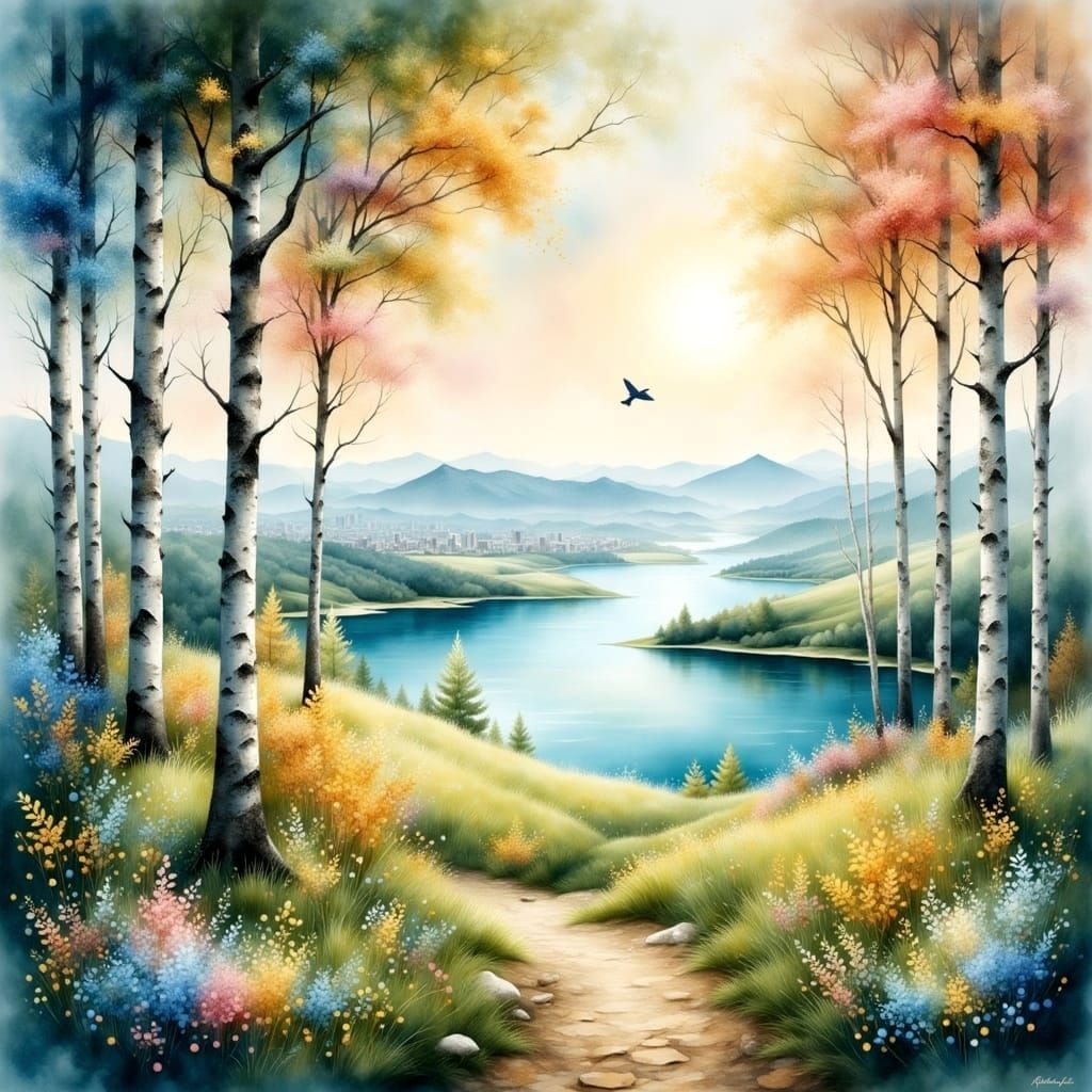 Illuminated Birch Forest Landscape in Watercolor Style