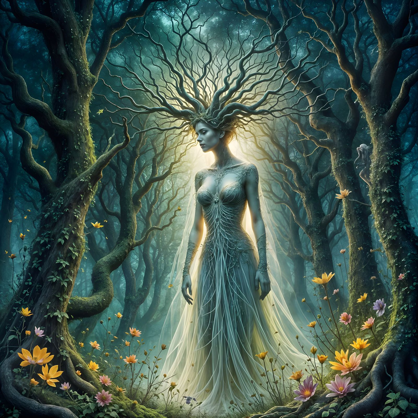 Spectral Spirit Woman Emerges from Ancient Forest at Twiligh...
