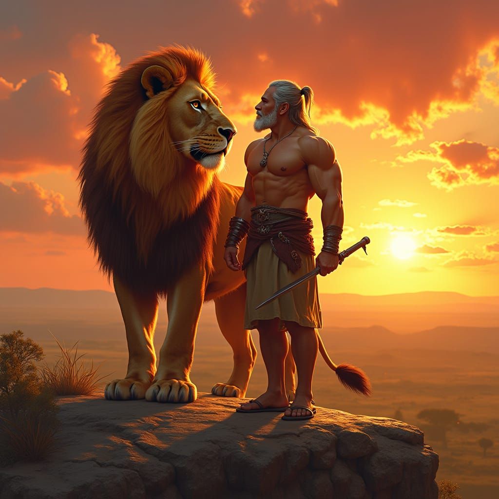 Lion with Flaming Mane Overlooking Savanna