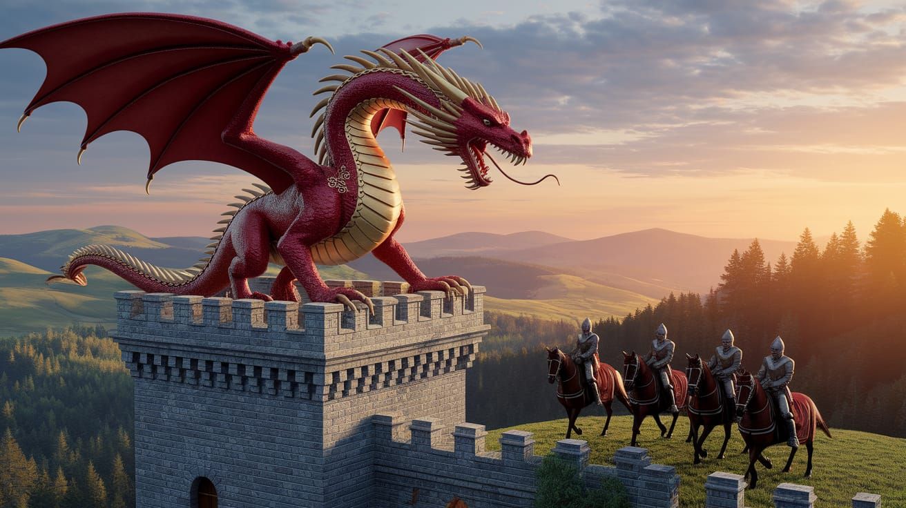 Fantasy Dragon Castle Sunset in Vibrant Colors