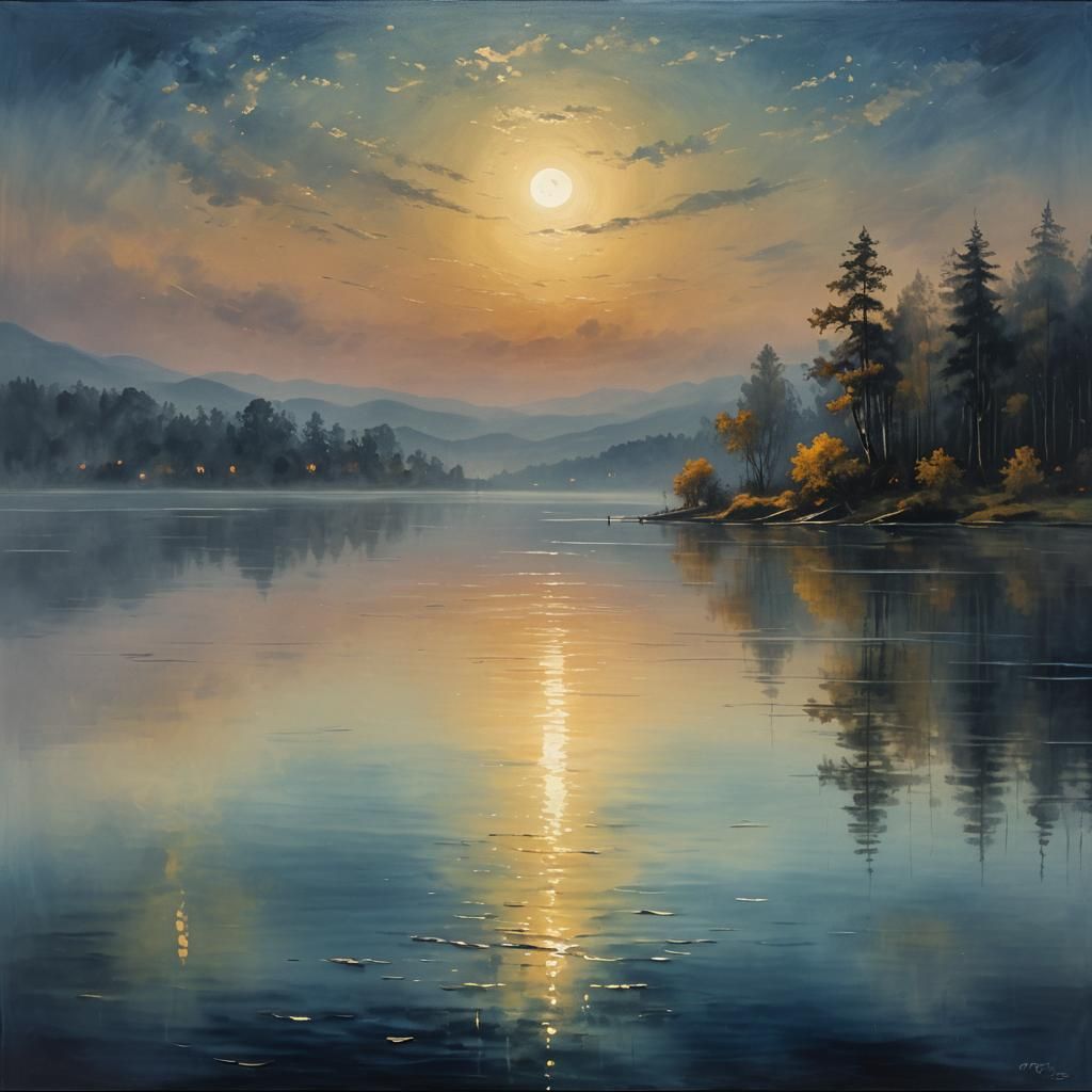 Moonlit Lake Under Misty Night Sky as Oil Painting