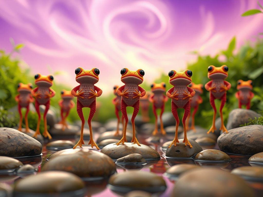 Knitted Frogs Tiptoeing on Stilts: 3D Rendered Scene
