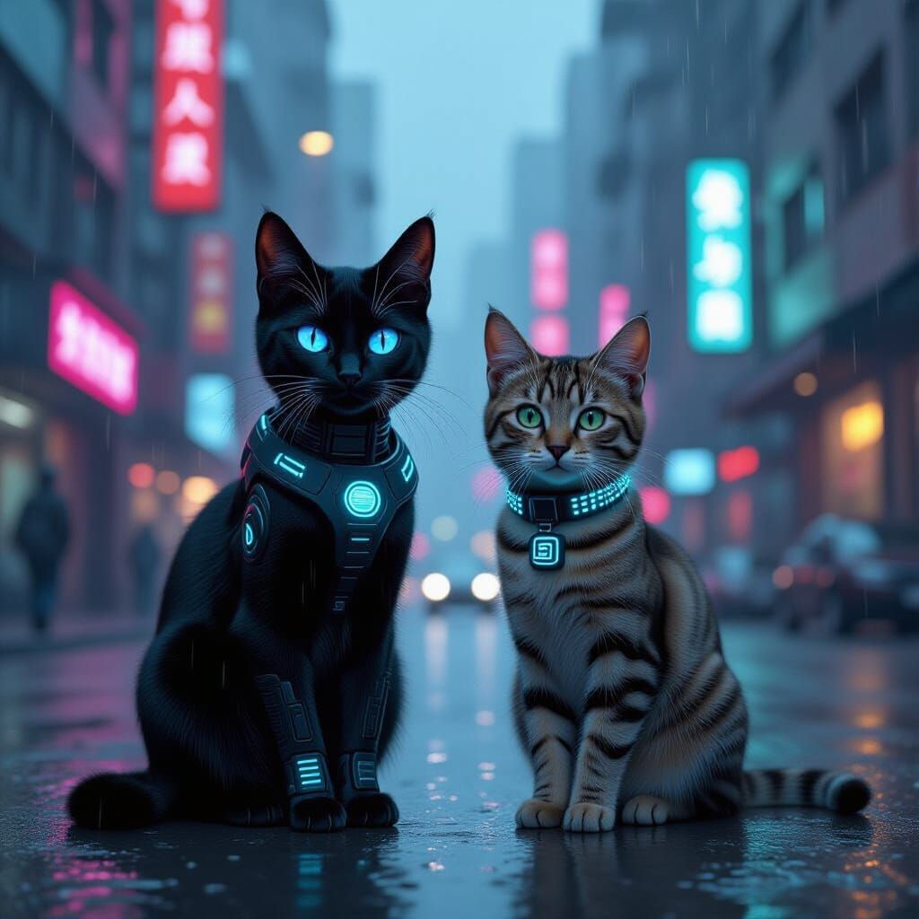 Cyberpunk Cats in Neon City: Realistic Digital Art