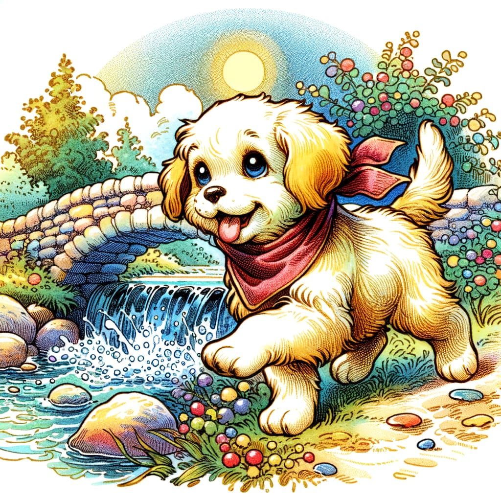 Whimsical Puppy in a Colorful Watercolor Scene