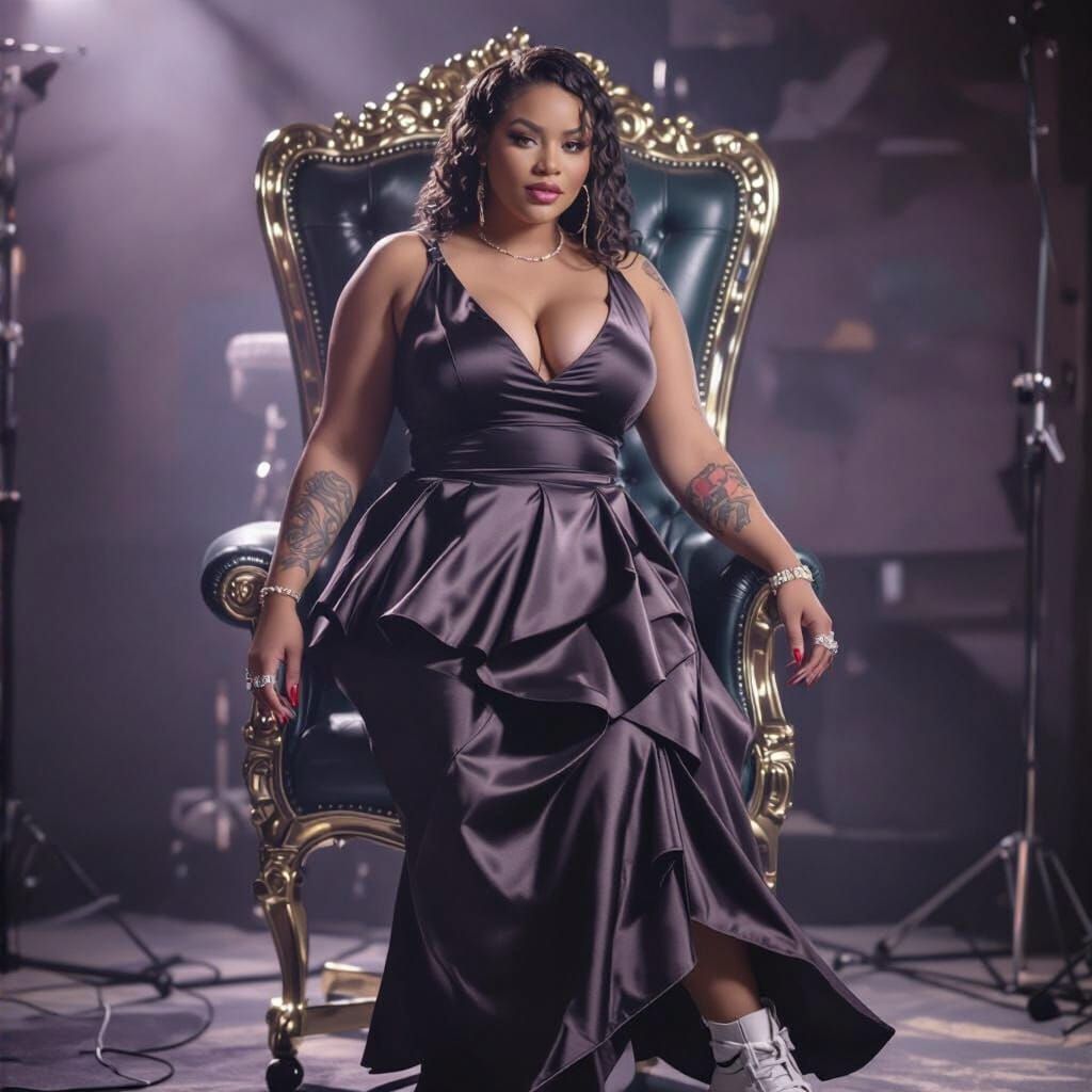 Curvy Blonde Rapper in Recording Studio, Realistic Photo