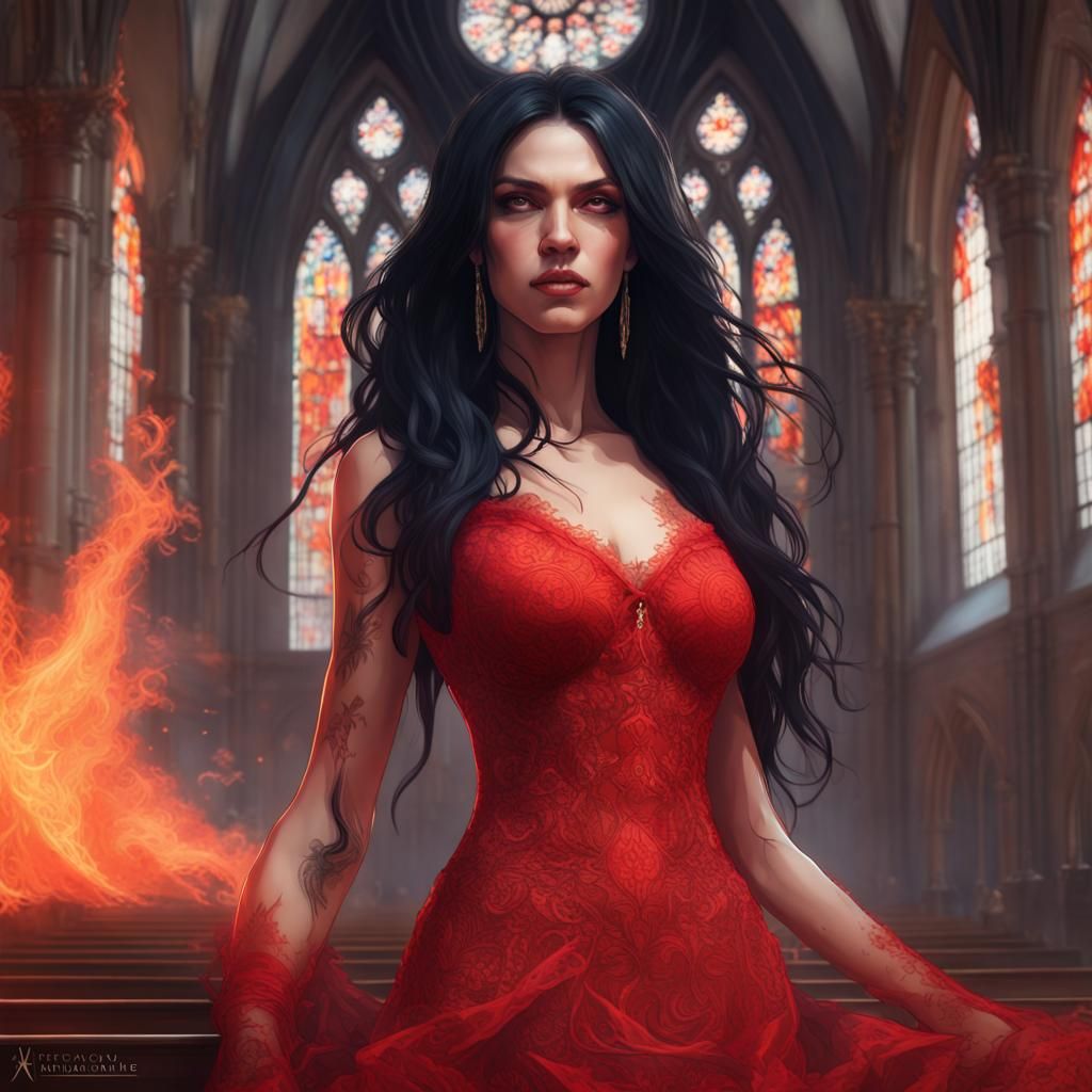 Gothic Bride in Burning Church, Hyperdetailed Portrait