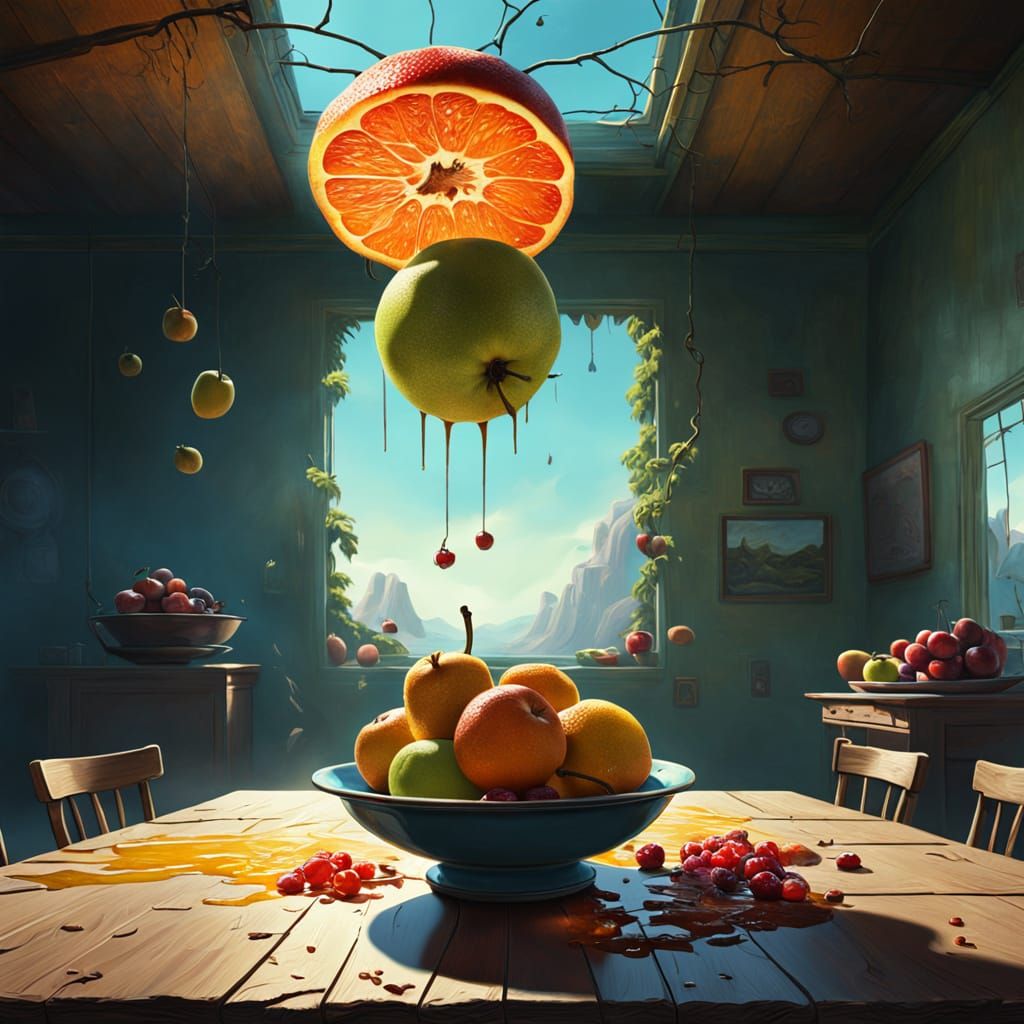 Surreal Fruit Still Life with Glowing Effect
