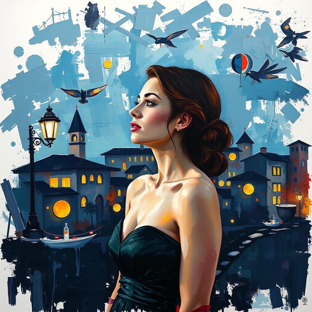 Woman in Impasto Night Scene Digital Painting