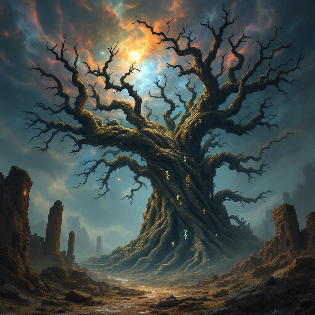 Colossal Tree in Surreal Dark Fantasy Landscape