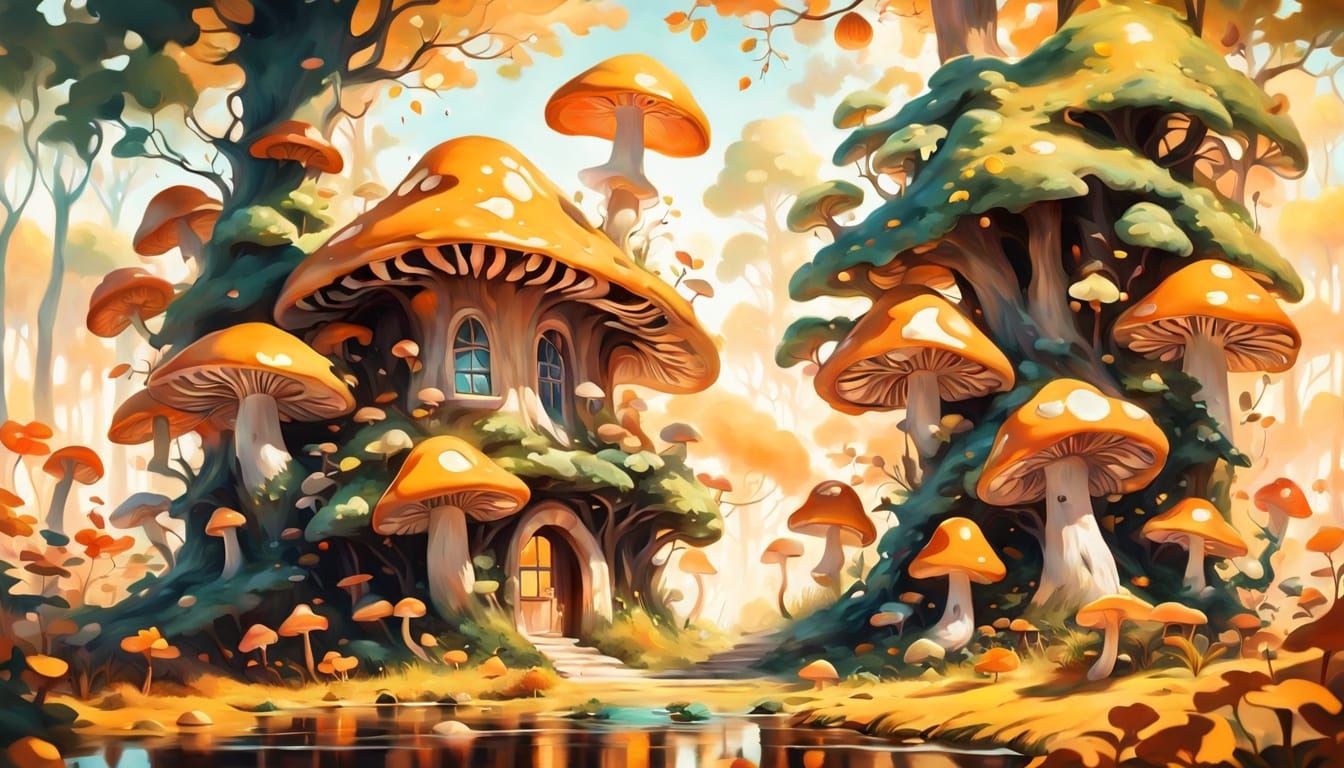 Surreal Mushroom House in Autumn Forest, Salvador Dali Style