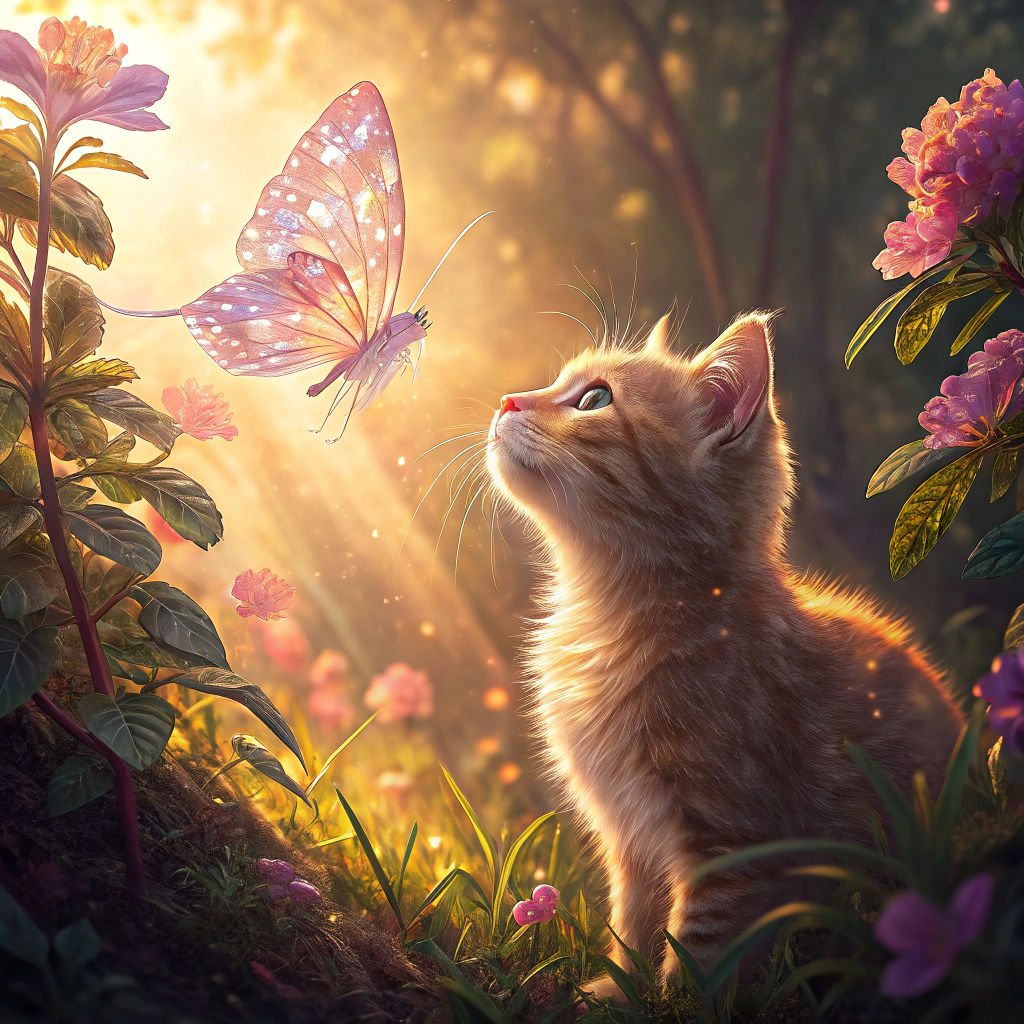 Glass Butterfly Perched on Cat's Nose in Lush Garden