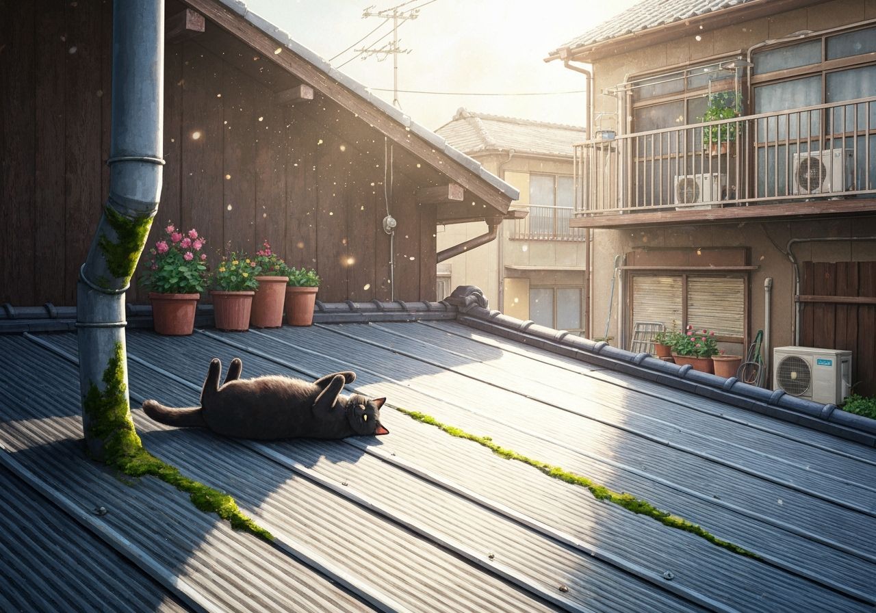 Black Cat Sunbathing on Japanese Roof, Watercolor Illustrati...