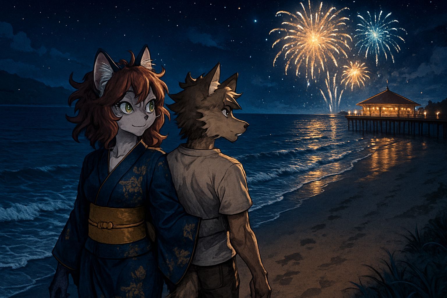 Anime Beach Walk at Night with Cat and Wolf