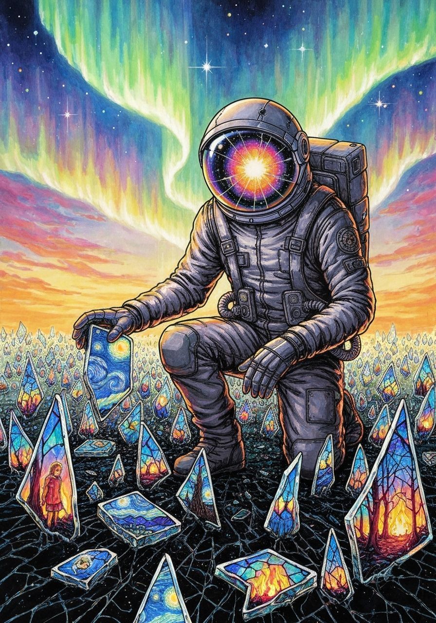 Astronaut in Shattered Glass Field Under Aurora Sky