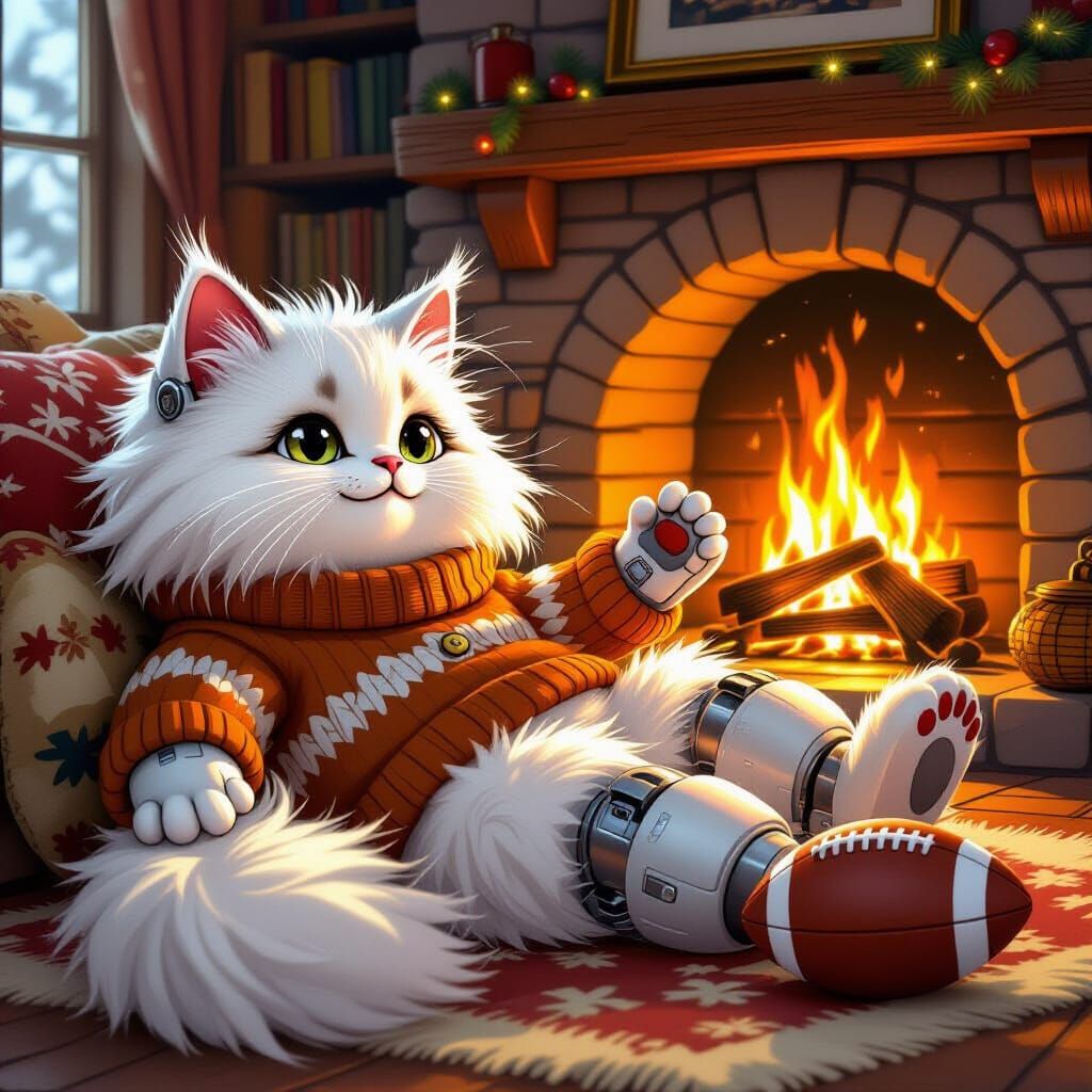 Robot Cat Plays Football by Fire, Digital Art