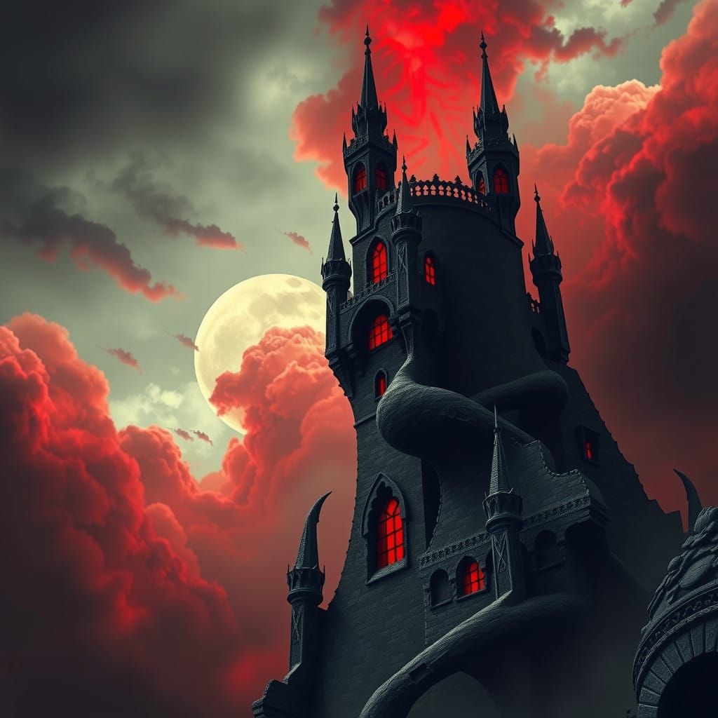 Twisted Gothic Tower Rises into Blood-Red Darkness