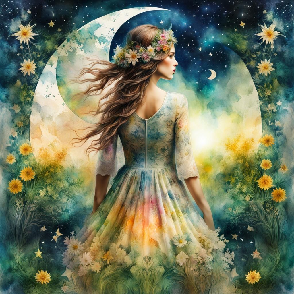 Fantasy Double Exposure Face with Sun and Moon