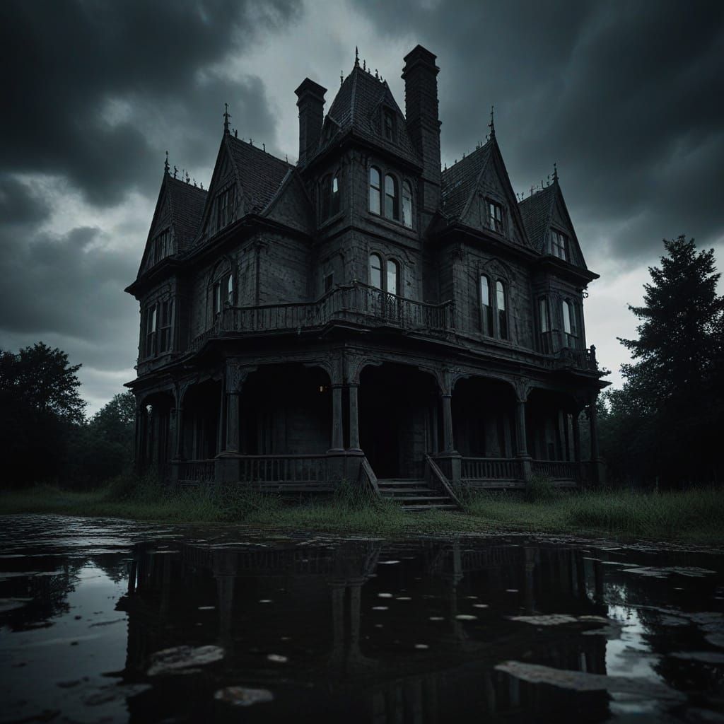 Gothic Water Mansion in Dark, Cinematic Flair
